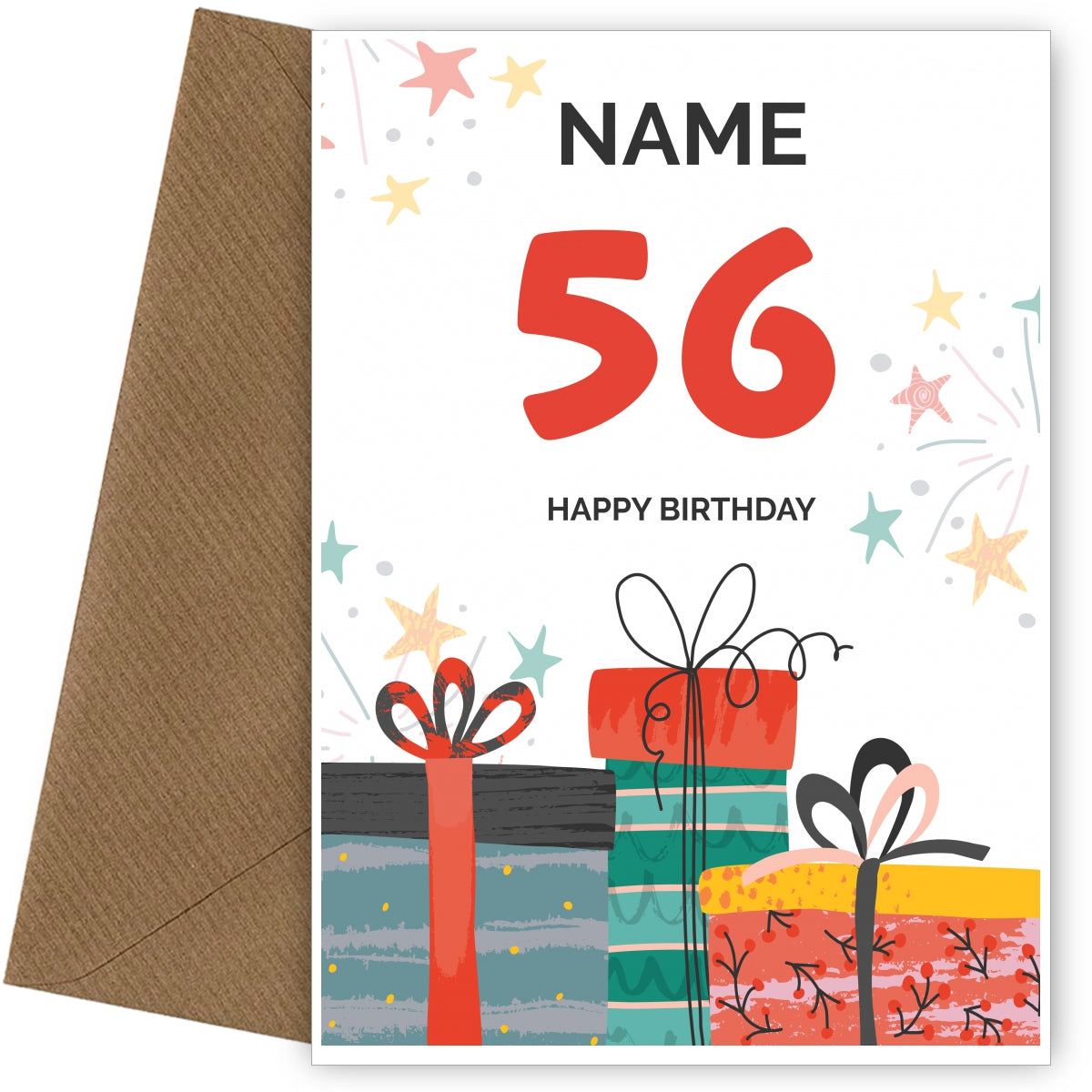 Happy 56th Birthday Card - Fun Presents Design