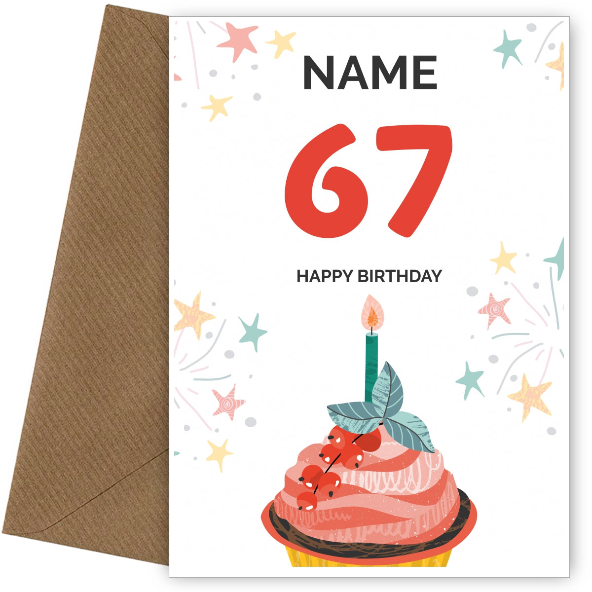 Happy 67th Birthday Card - Fun Cupcake Design