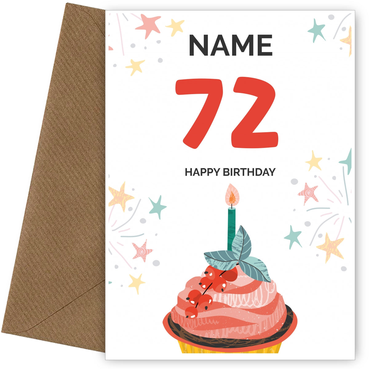 Happy 72nd Birthday Card - Fun Cupcake Design