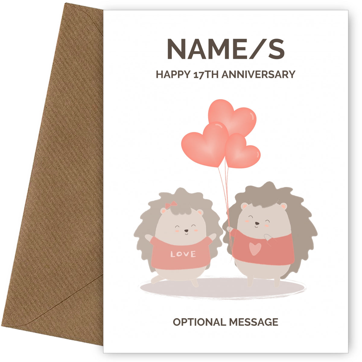 Hedgehog 17th Wedding Anniversary Card for Couples