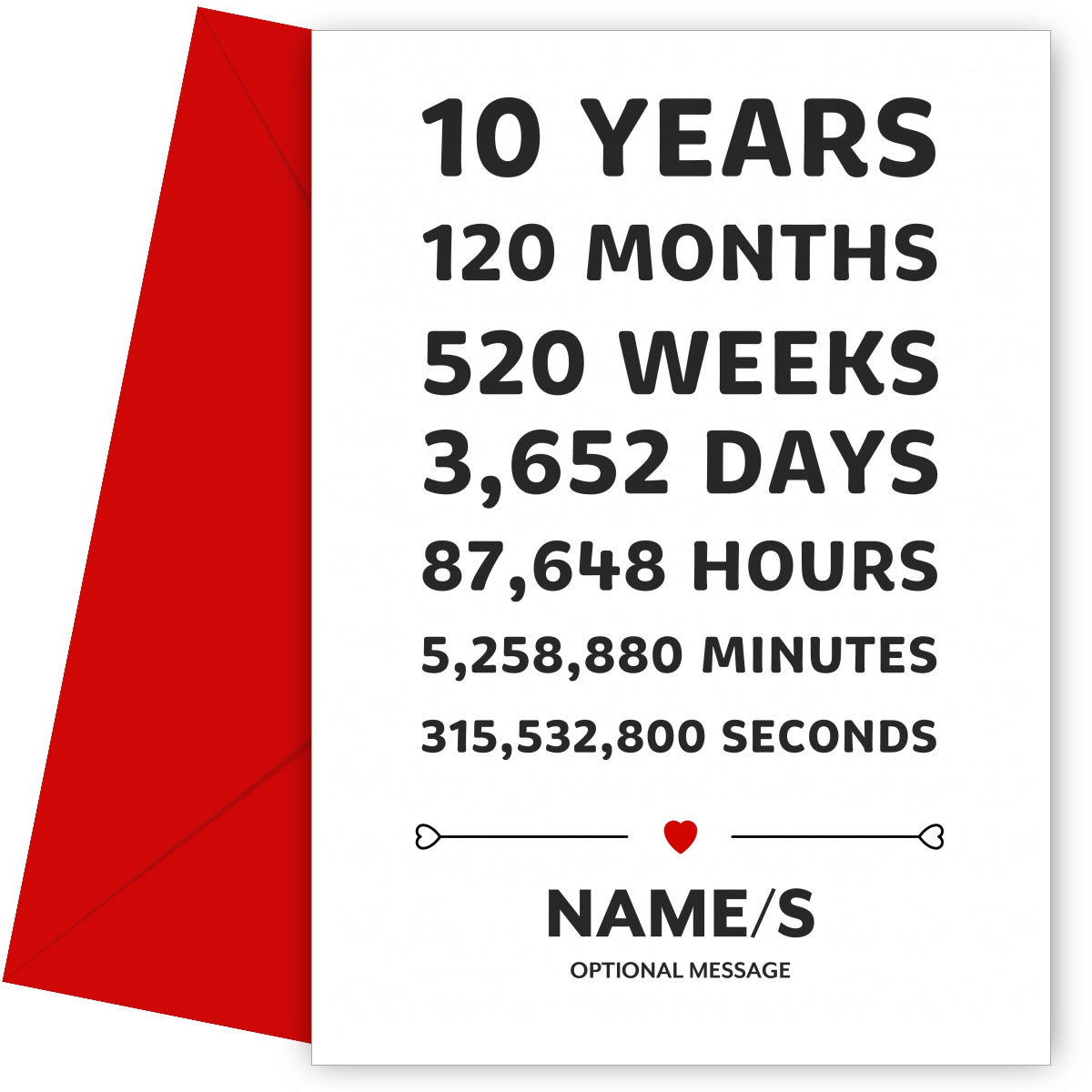 10th Anniversary Card for Couples - 10 Years in Numbers D1