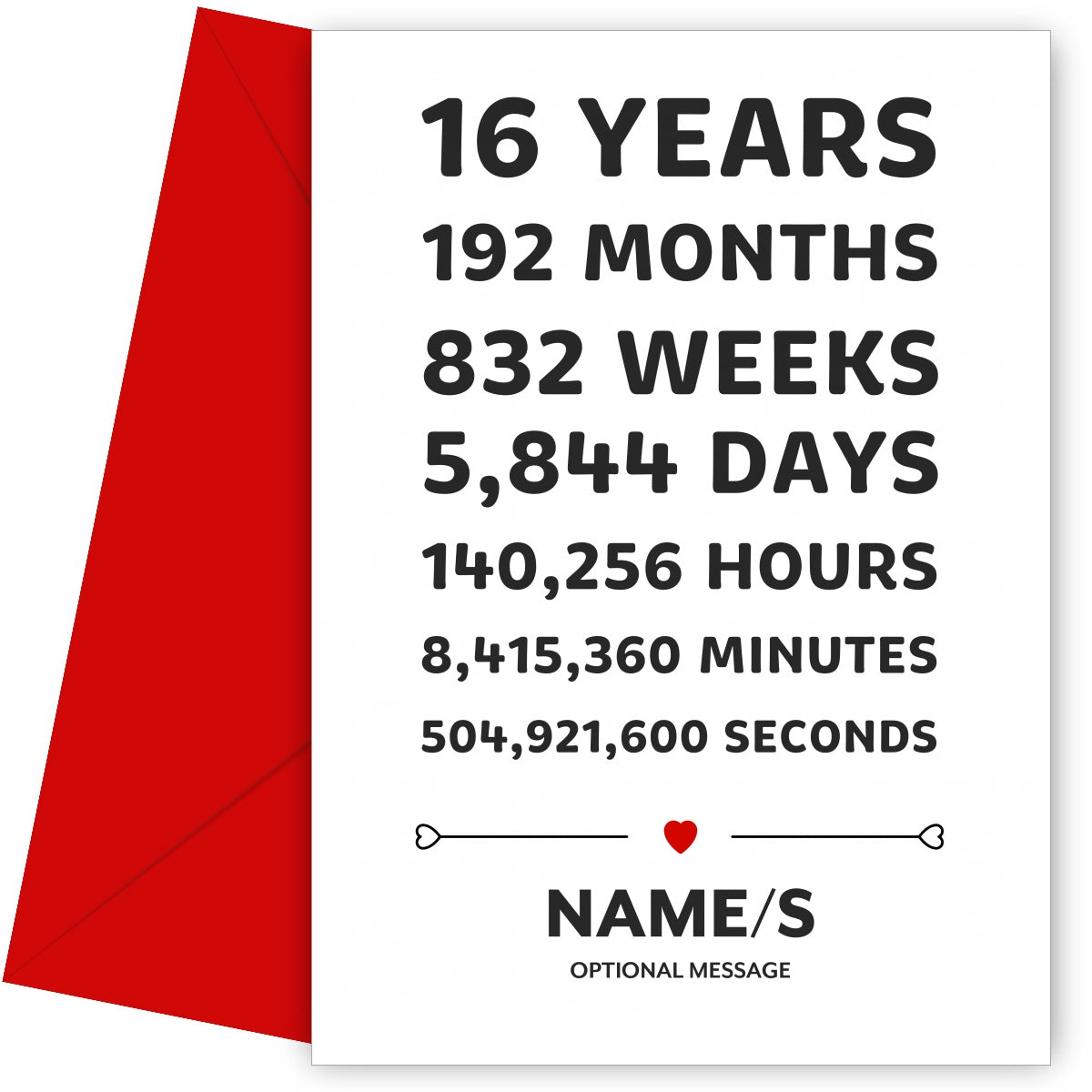 16th Anniversary Card for Couples - 16 Years in Numbers D1