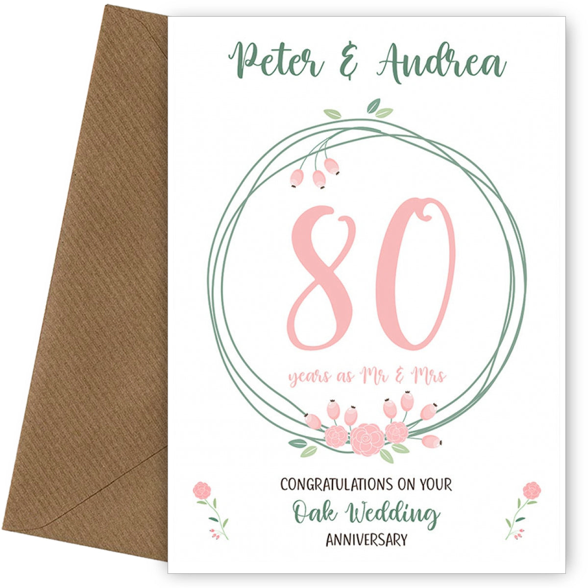 Couples 80th Wedding Anniversary Card - OAK - Floral