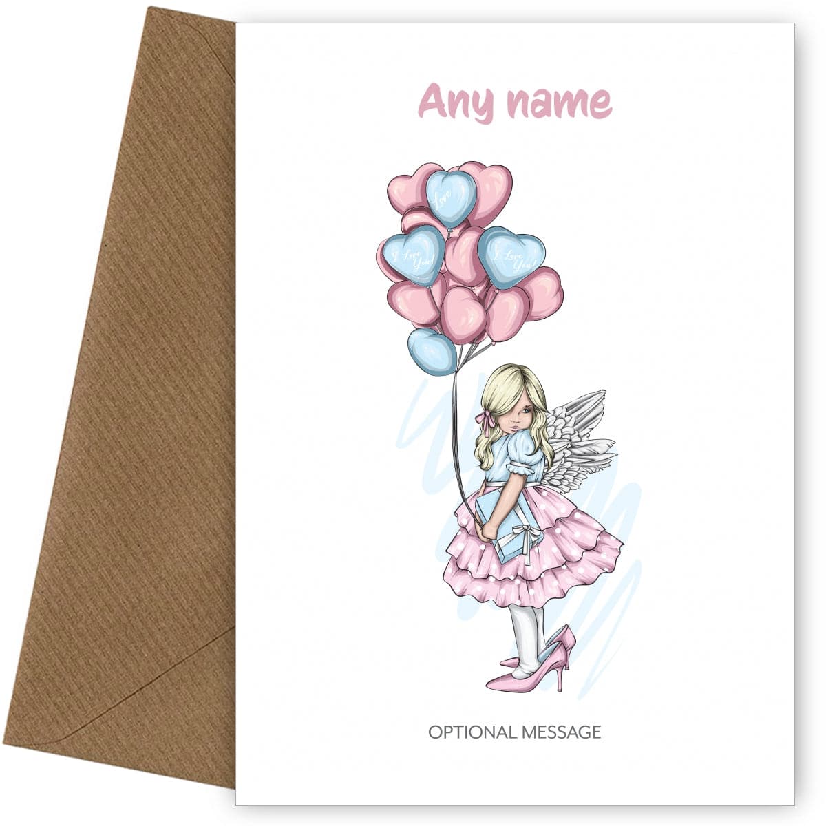 Pretty Young Girl with Heart Balloons - Personalised Girls Birthday Cards