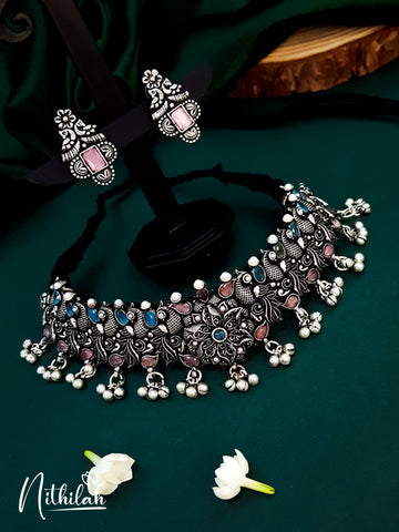 Nithilah Navratri Jewellery Oxidised Choker Necklace Set