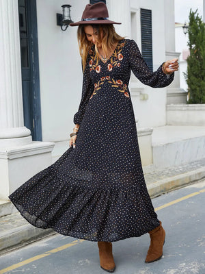 Embroidered V-Neck Long Sleeve Dress - Peek A Boo Undies