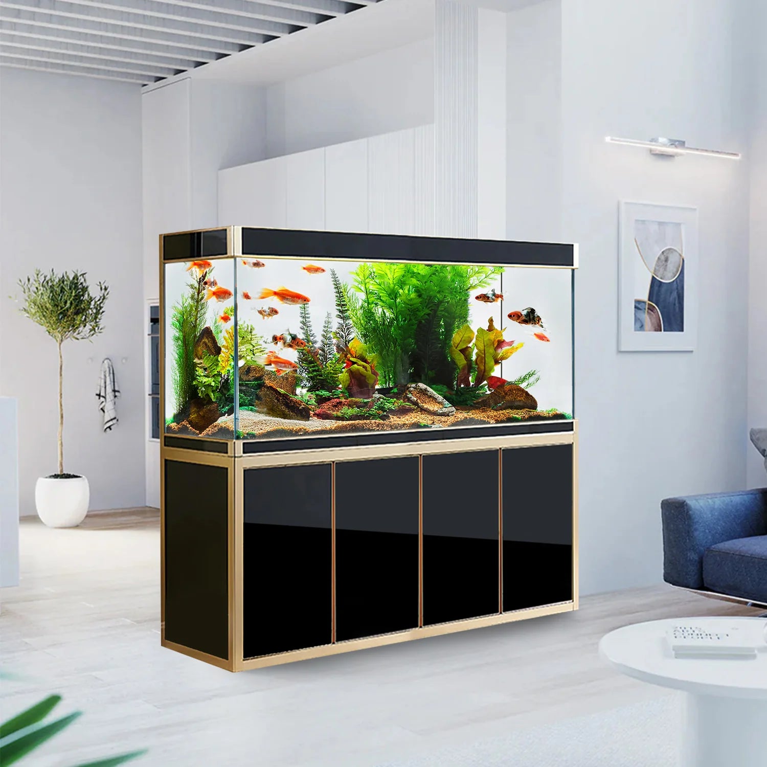 Luxury freshwater aquarium with LED lighting displayed in living room