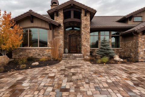 home outside view, brown natural stone exterior and brown mix flooring