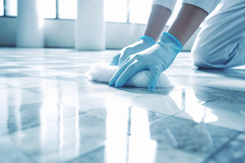 man wearing white and blue plastic gloves cleaning glossy floor with white towel
