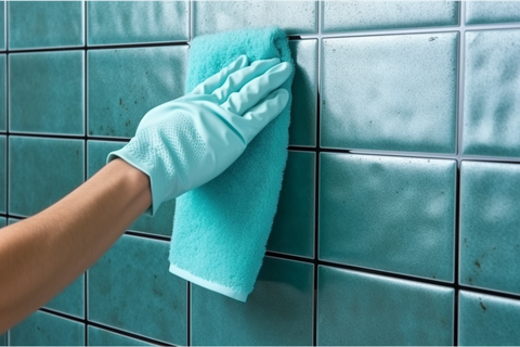 Cleaning Blue Glass Tile with Small Towel
