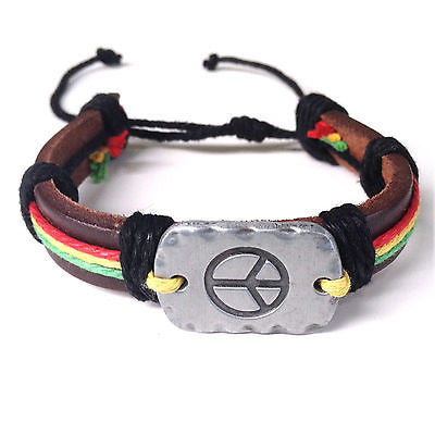 Rasta Leather Wrist Cuff Peace Sign Emblem Wrist Bracelet Hippie Bob R ...