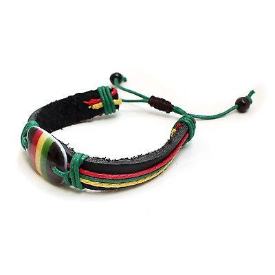 Rasta Stripe Leather Band Bracelet Wrist Bracelet Hippie Reggae Marley ...