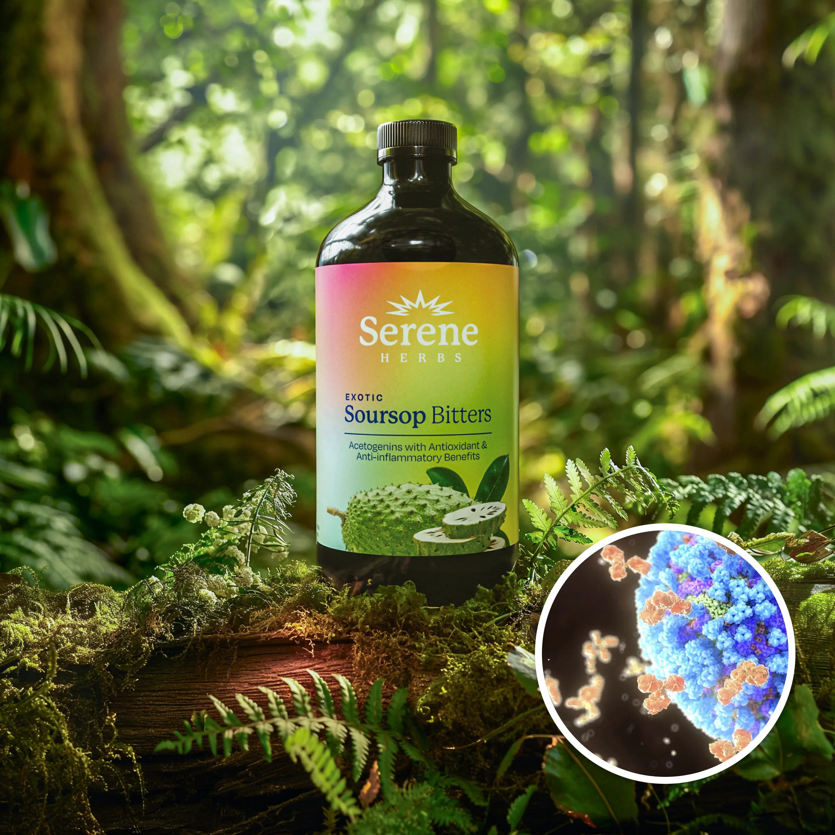 Bottle of Serene Herbs Soursop Bitters in lush forest setting with inset of microscopic imagery.