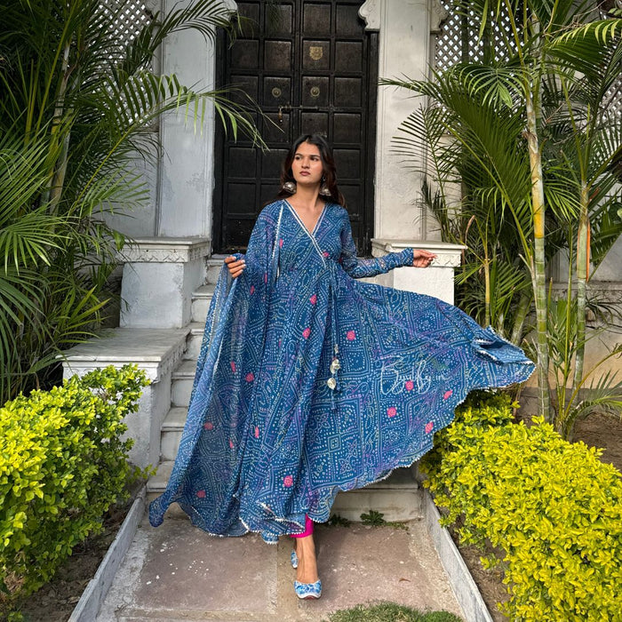 Teal Blue Bandhani Anghrkha style Anarkali Suit Set With Duptta