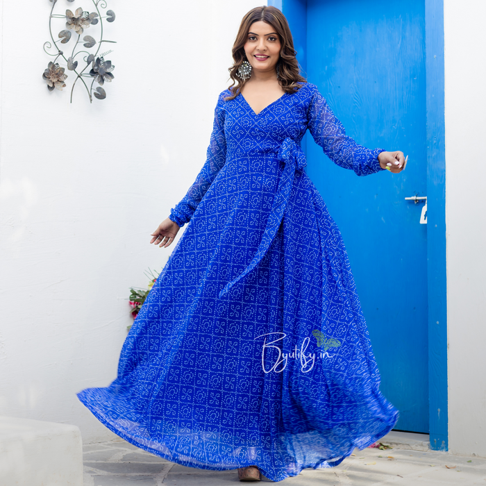Royal Blue Bandhani Georgette Angharkha Gown