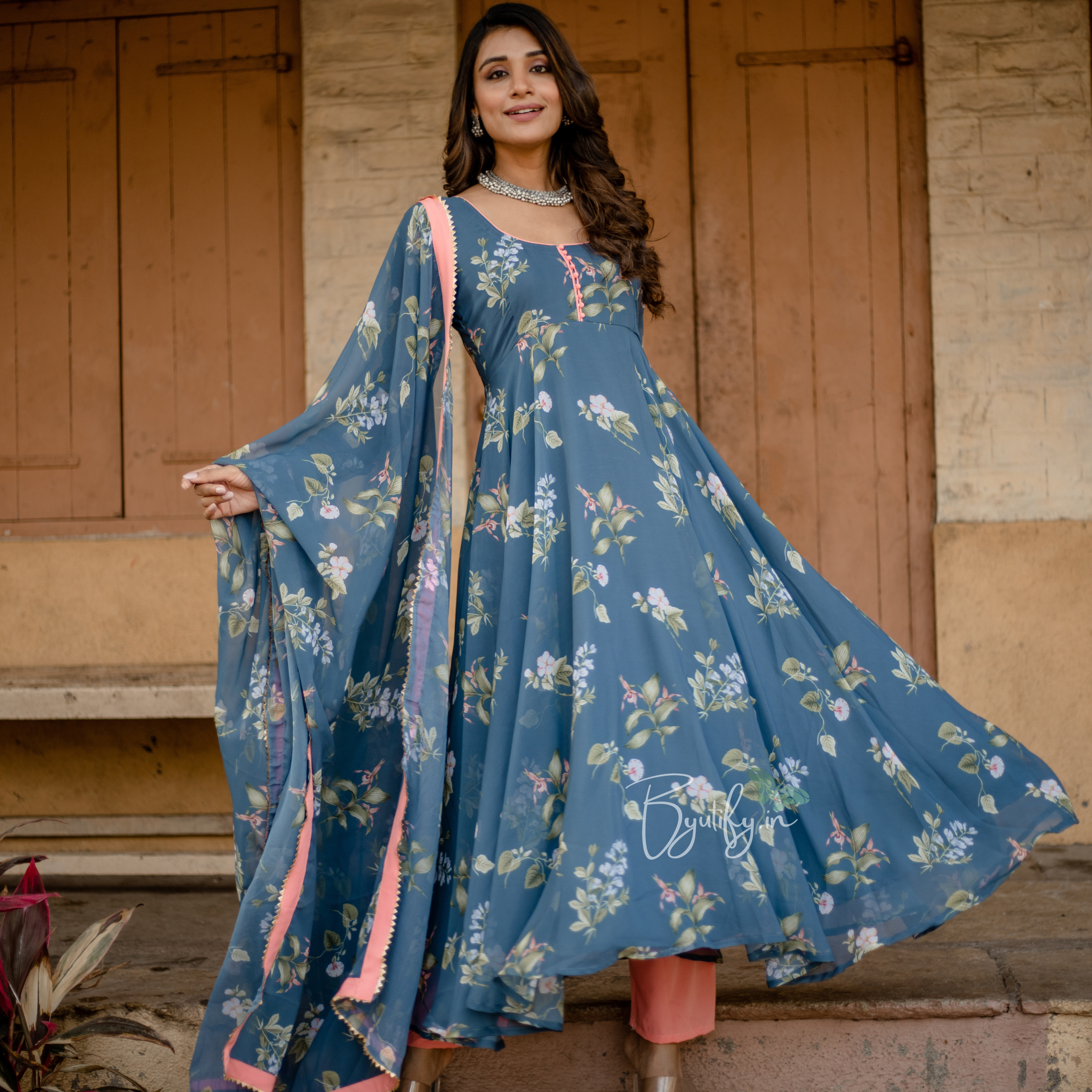 Grey Floral Georgette Anarkali With Pant And Dupatta