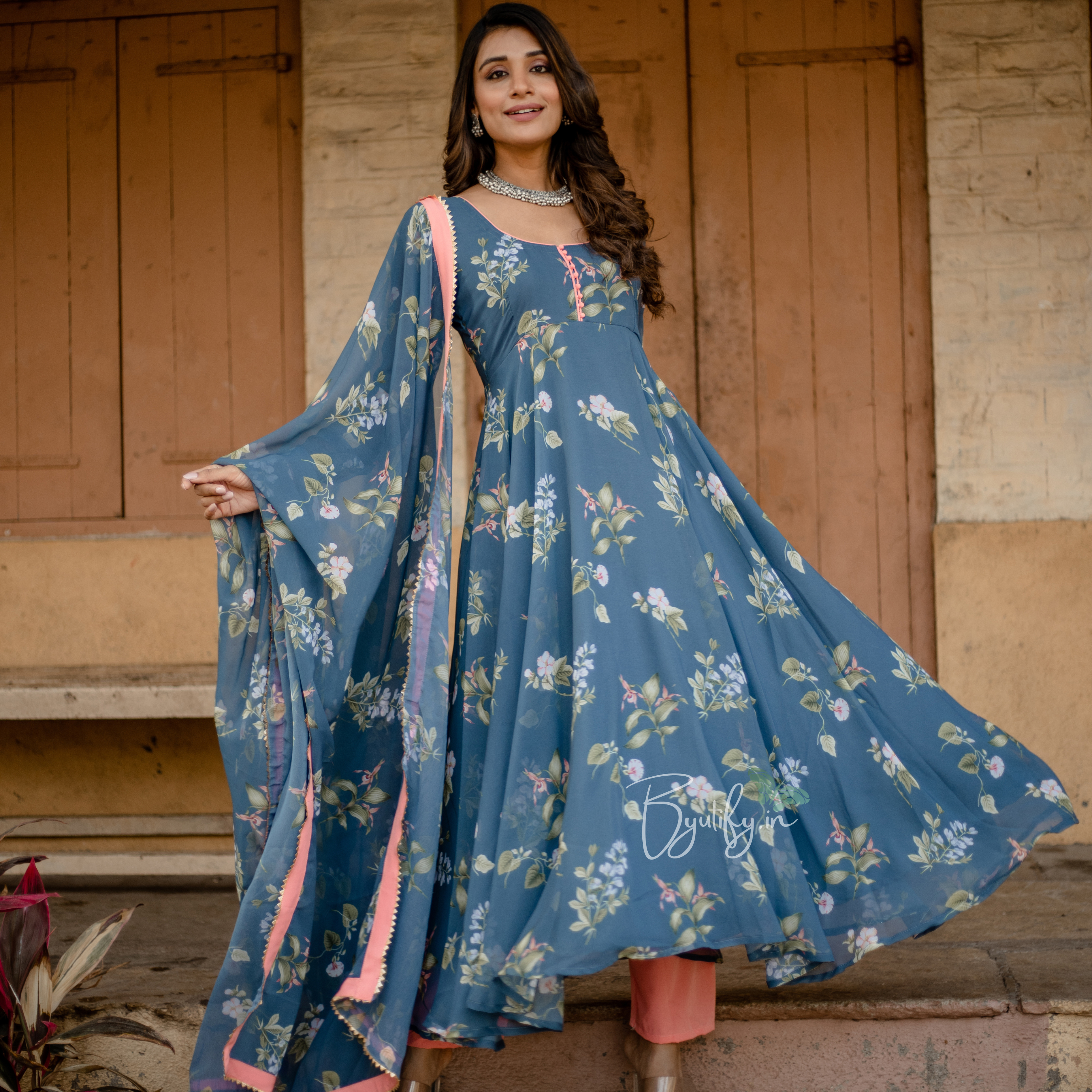 Pheeta - Blue Cotton Plain Round Umbrella Sleeve Anarkali Set For Women