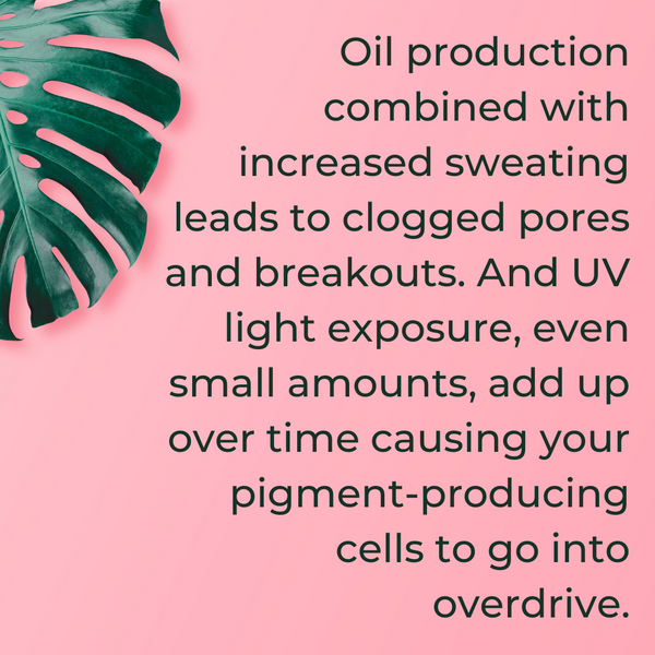 Oil production combined with increased sweating leads to clogged pores and breakouts. And UV light exposure, even small amounts, add up over time causing your pigment-producing cells to go into overdrive.