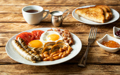Picture of a full English breakfast with a cup of tea