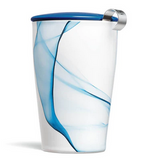 Tall blue and white infuser mug with silver infuser handle and dark blue lid