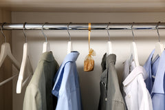 Closet with a bar and multipe shirts hanging on hangers with a sachet in the middle.