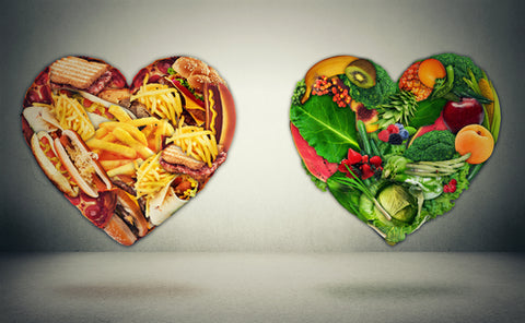 two heart shapes with good food and bad food