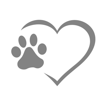 gray icon of a heart with an animal paw print in the heart