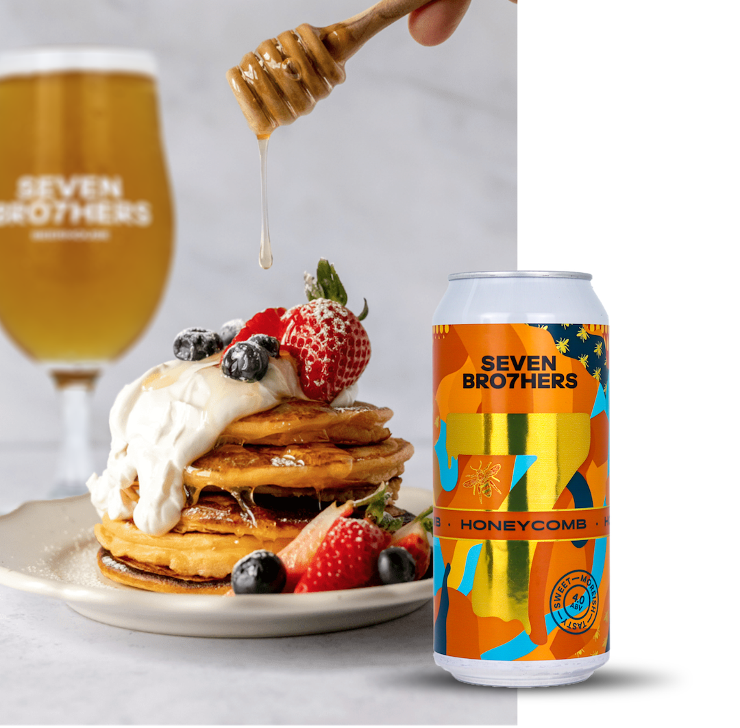 A stack of pancakes with a can of honeycomb pale.