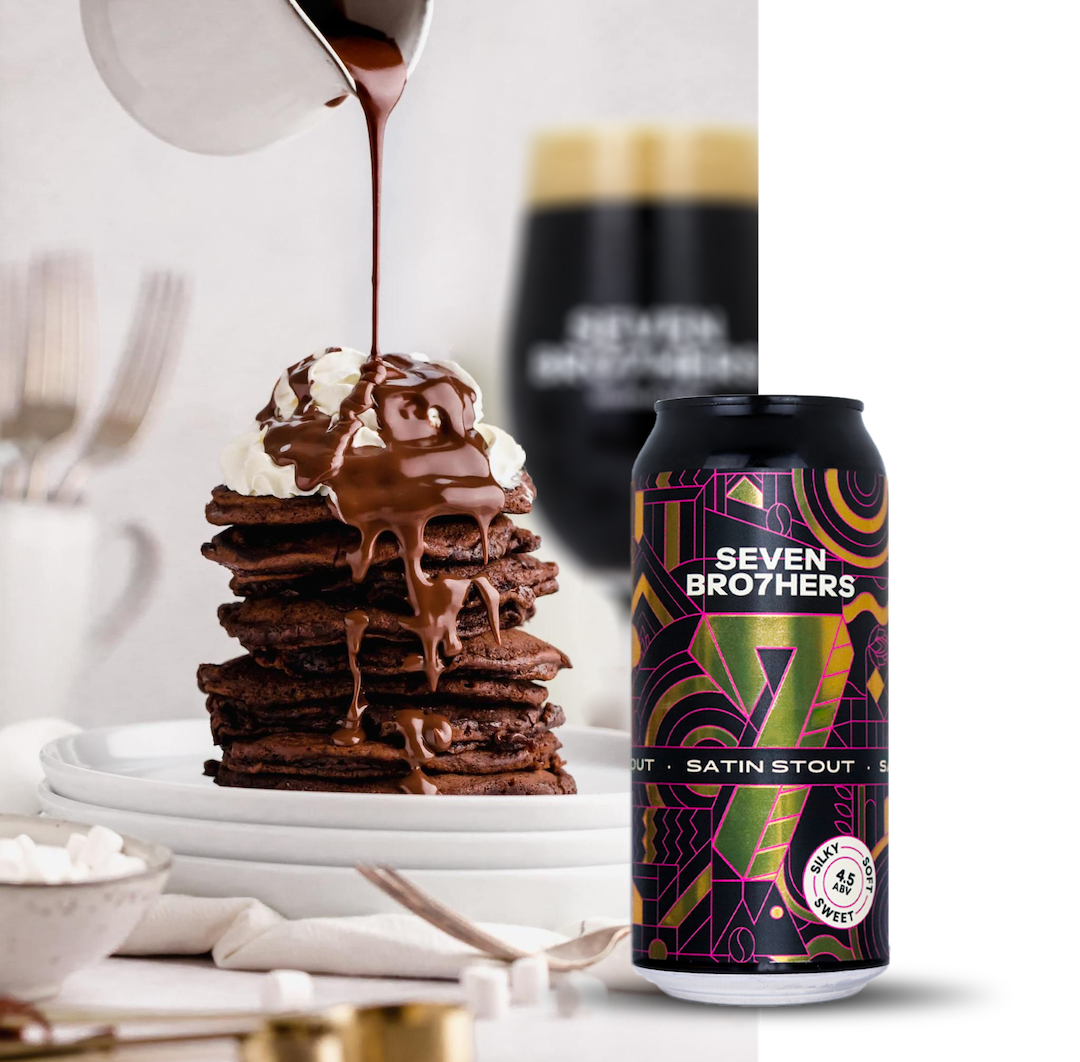 A stack of pancakes with a can of Satin Stout