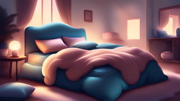 מיטה עם מצעים ורודים וכחולים, נראית רכה מאוד, בחדר ורוד