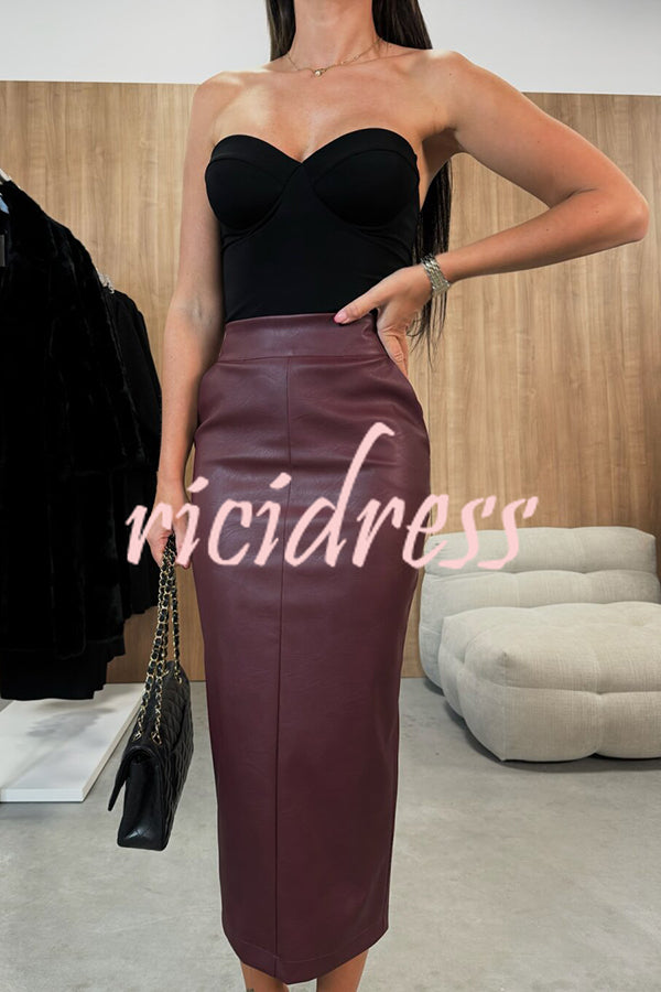 Lindsey Faux Leather High Rise Pocketed Slit Stretch Midi Skirt - ricidress product image