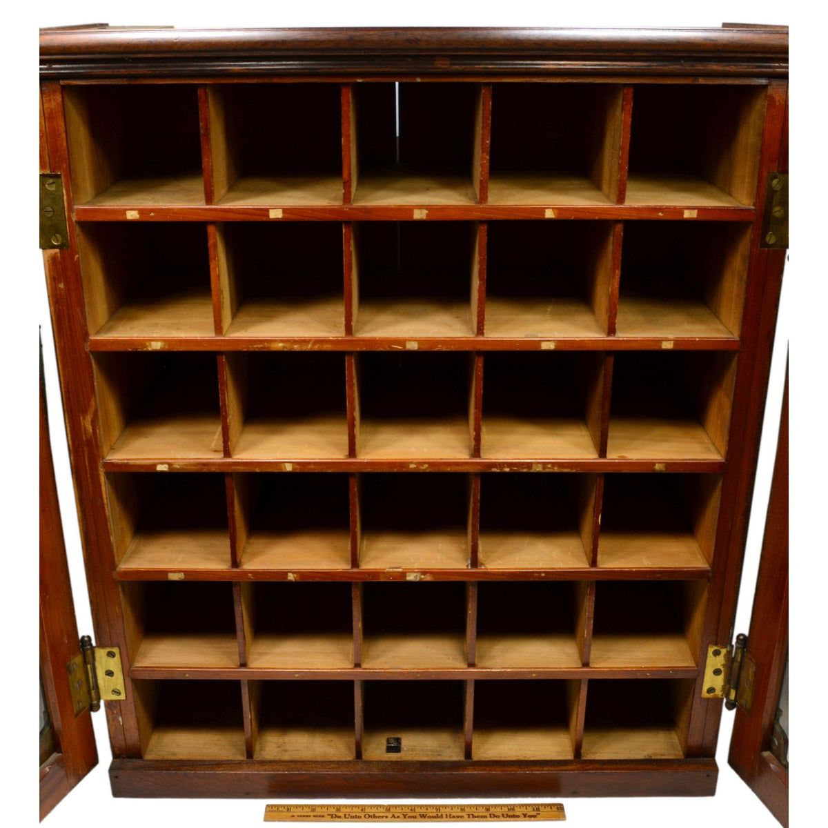 Vintage MAIL CUBBY SORTER CABINET Hardwood & Glass 30-CUBBIES SLOTS 26