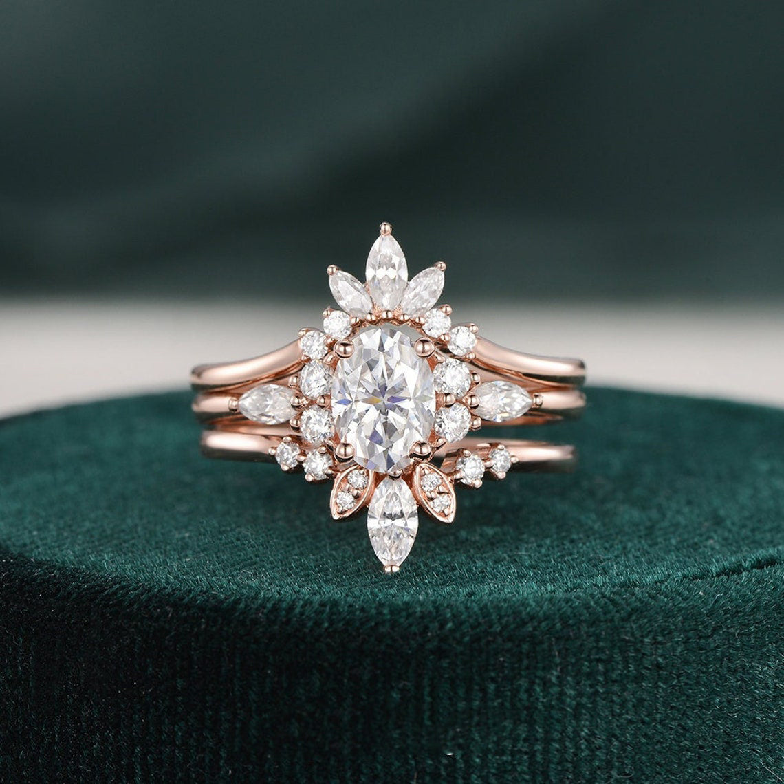 1.0 CT Oval Cut Cluster Art Deco Moissanite Bridal Ring Set