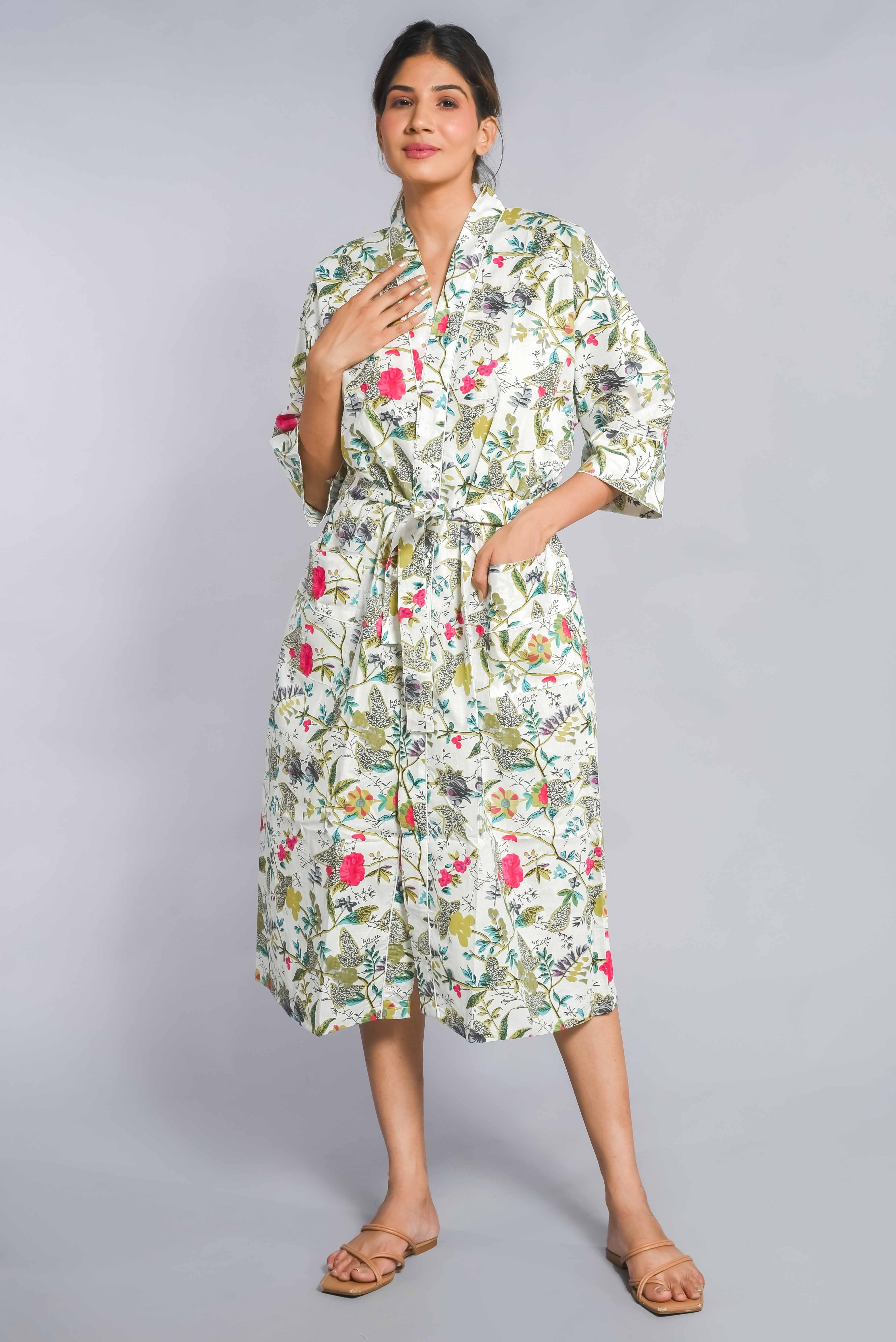 Floral Pattern Kimono Robe Long Bathrobe For Women (Multi)-KM-154