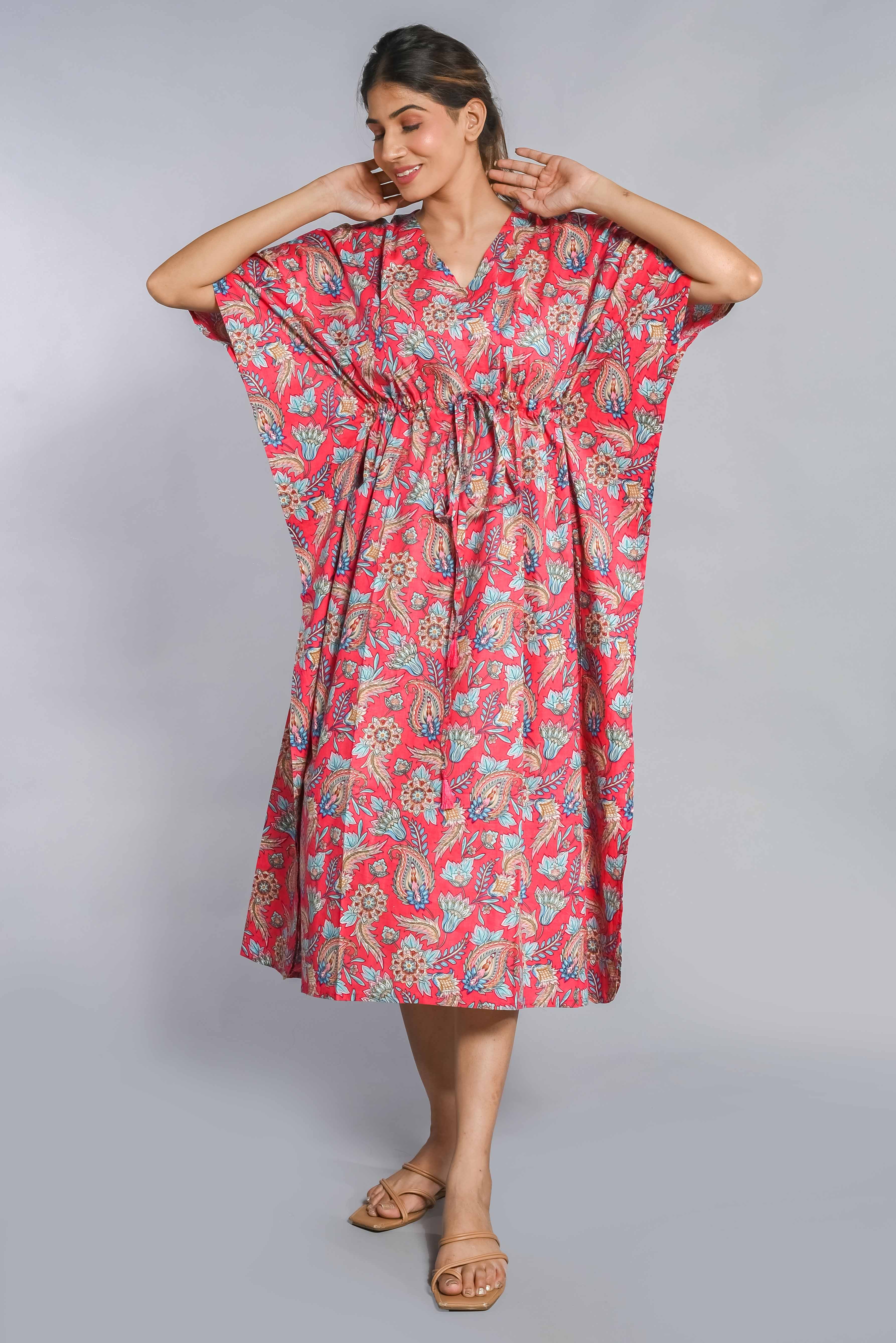 Shoolin Pink Cotton Kaftan Printed Midi Dress- KF-4
