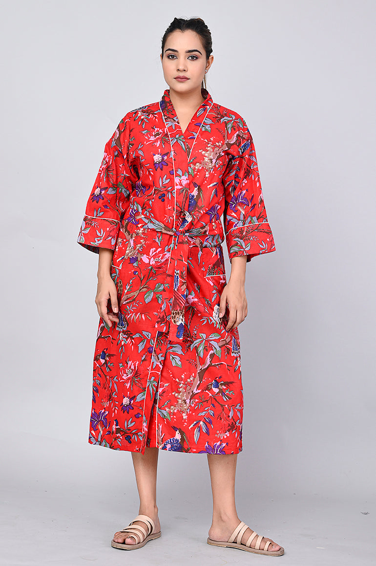 Floral Pattern Kimono Robe Long Bathrobe For Women (Red)-KM-157