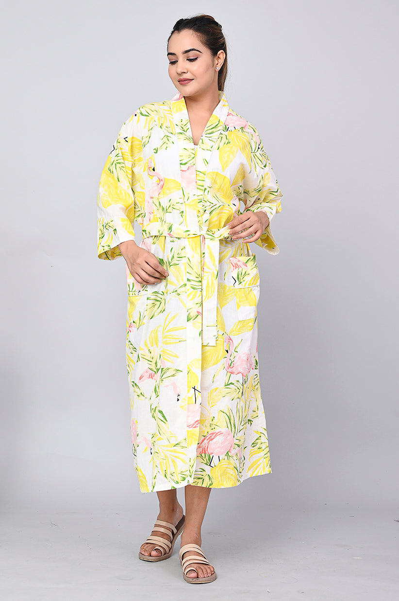 Floral Pattern Kimono Robe Long Bathrobe For Women (Yellow)-KM-162
