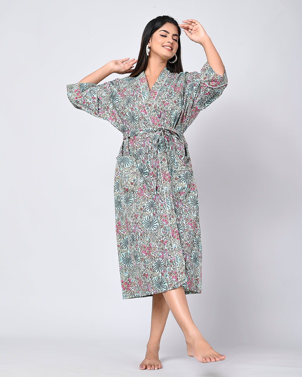 Floral Pattern Kimono Robe Long Bathrobe For Women (Multi)-KM-153