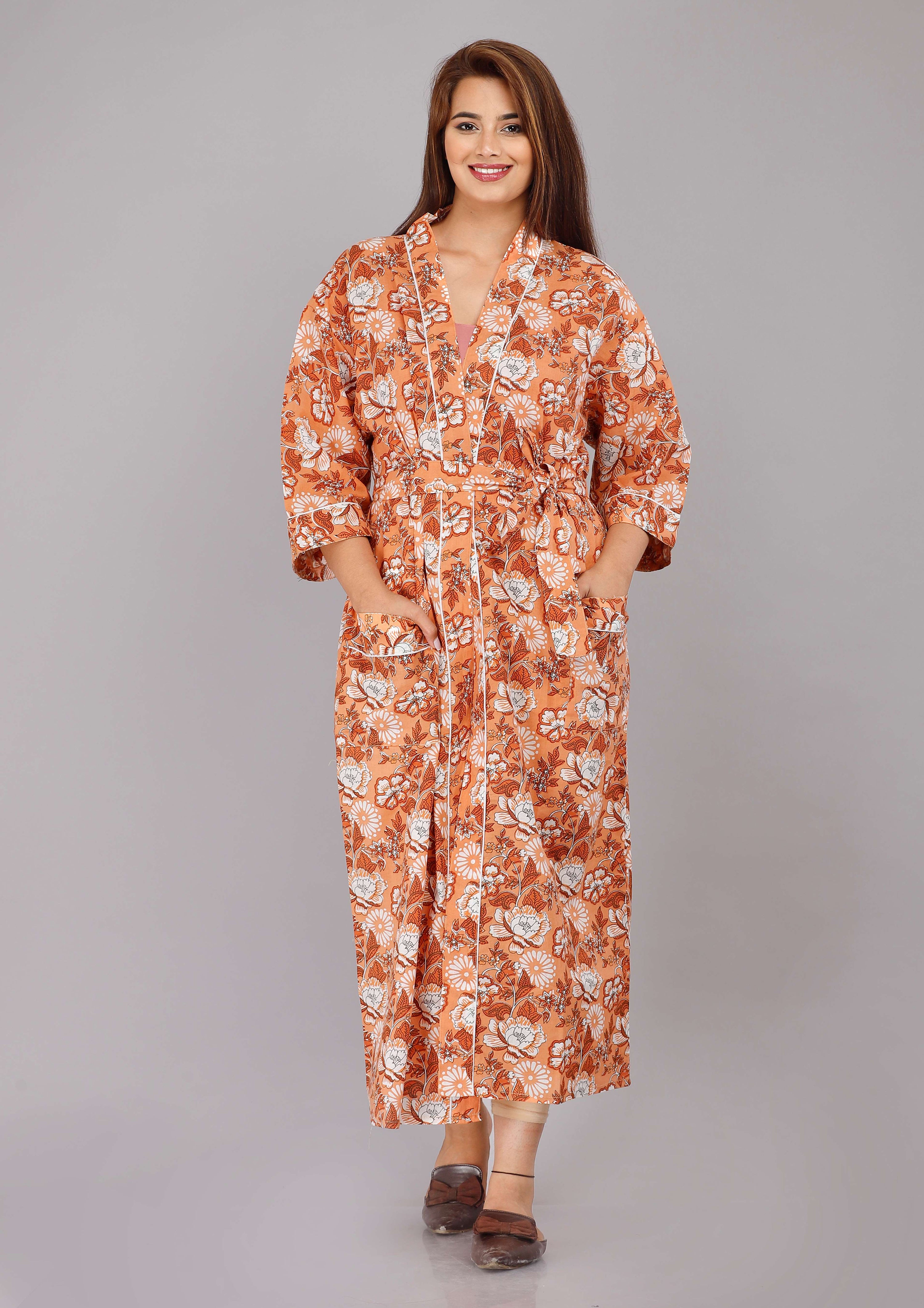 Floral Pattern Kimono Robe Long Bathrobe For Women (Pink)-KM-122