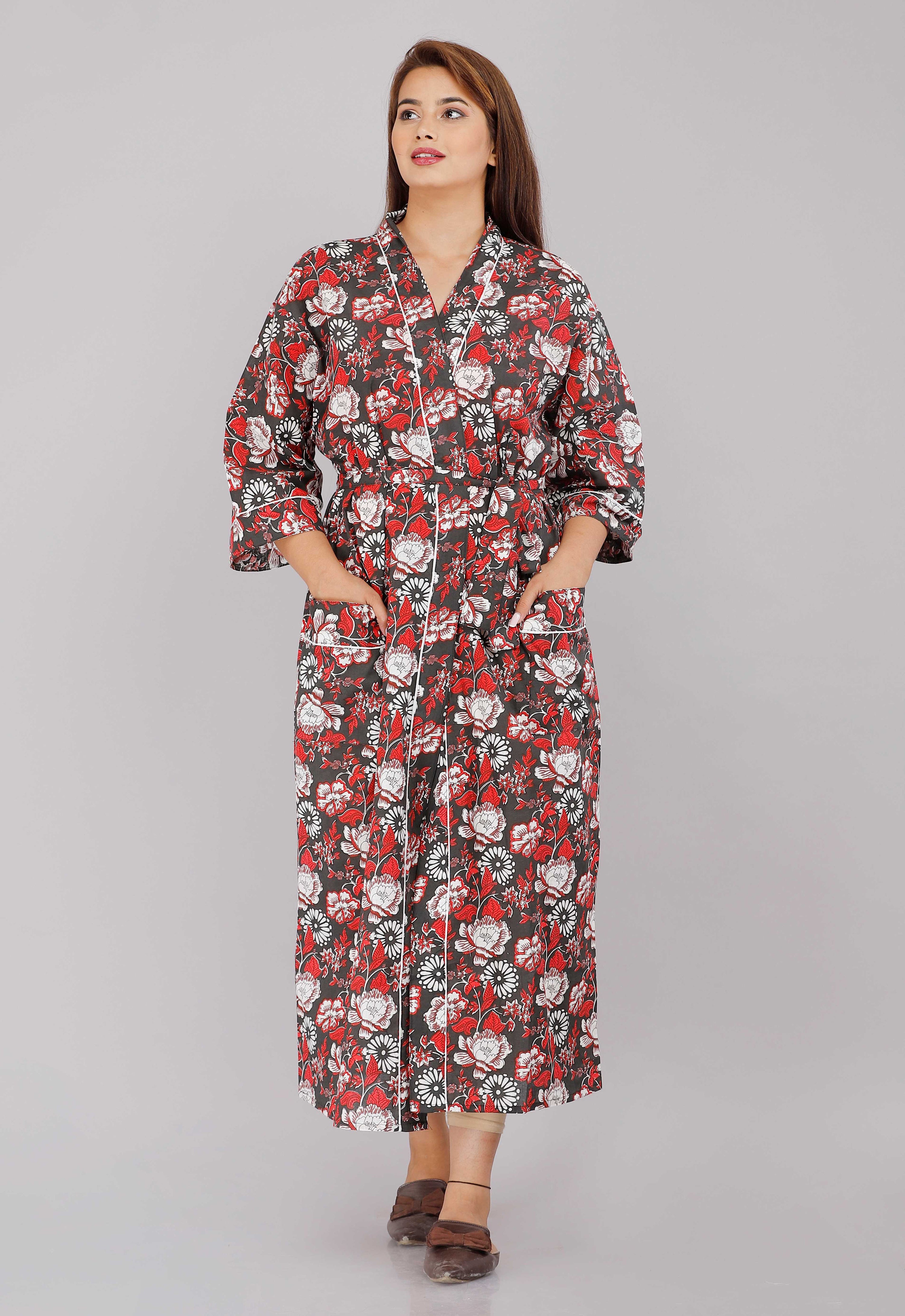 Floral Pattern Kimono Robe Long Bathrobe For Women (Grey)-KM-28