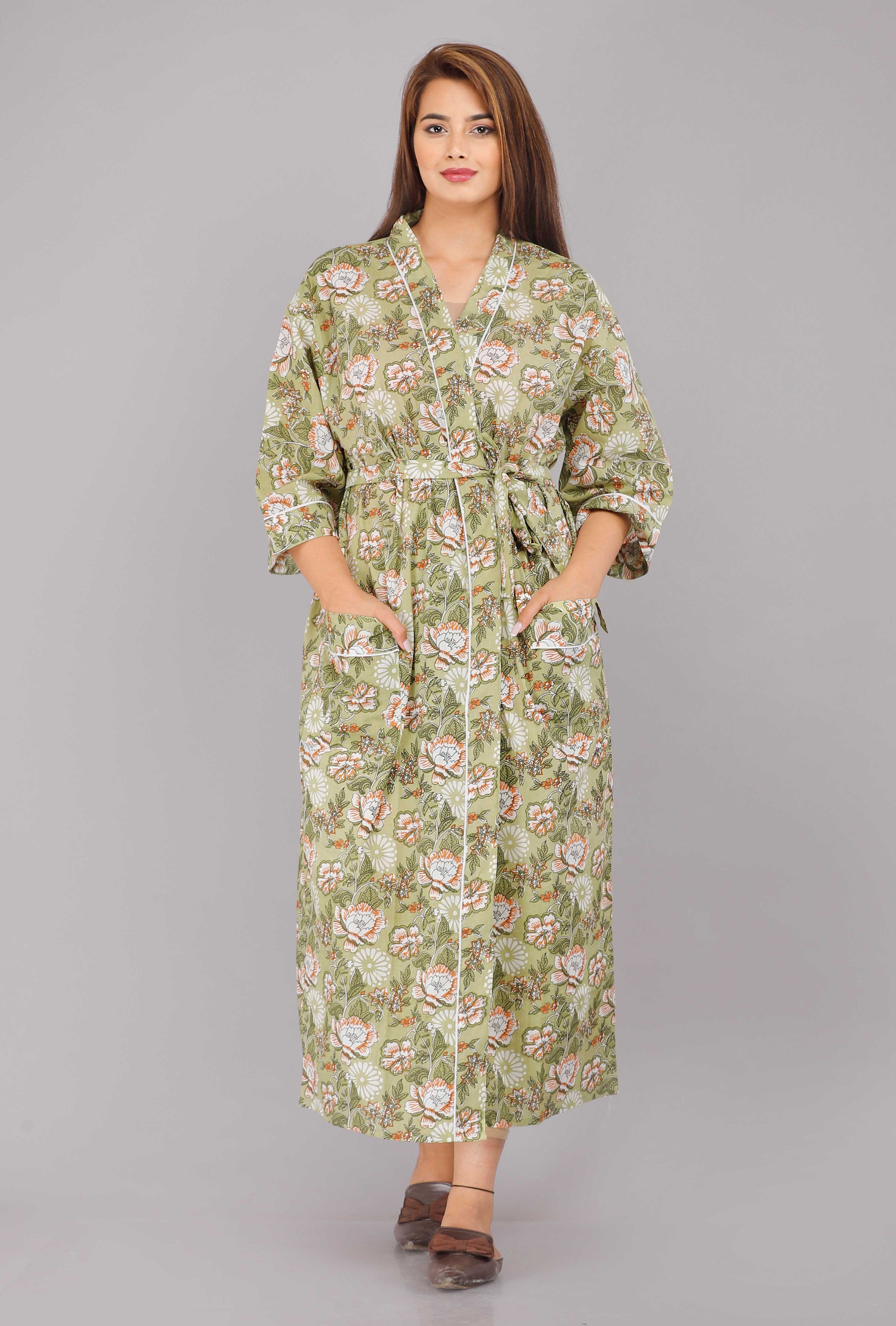 Floral Pattern Kimono Robe Long Bathrobe For Women (Yellow)-KM-37