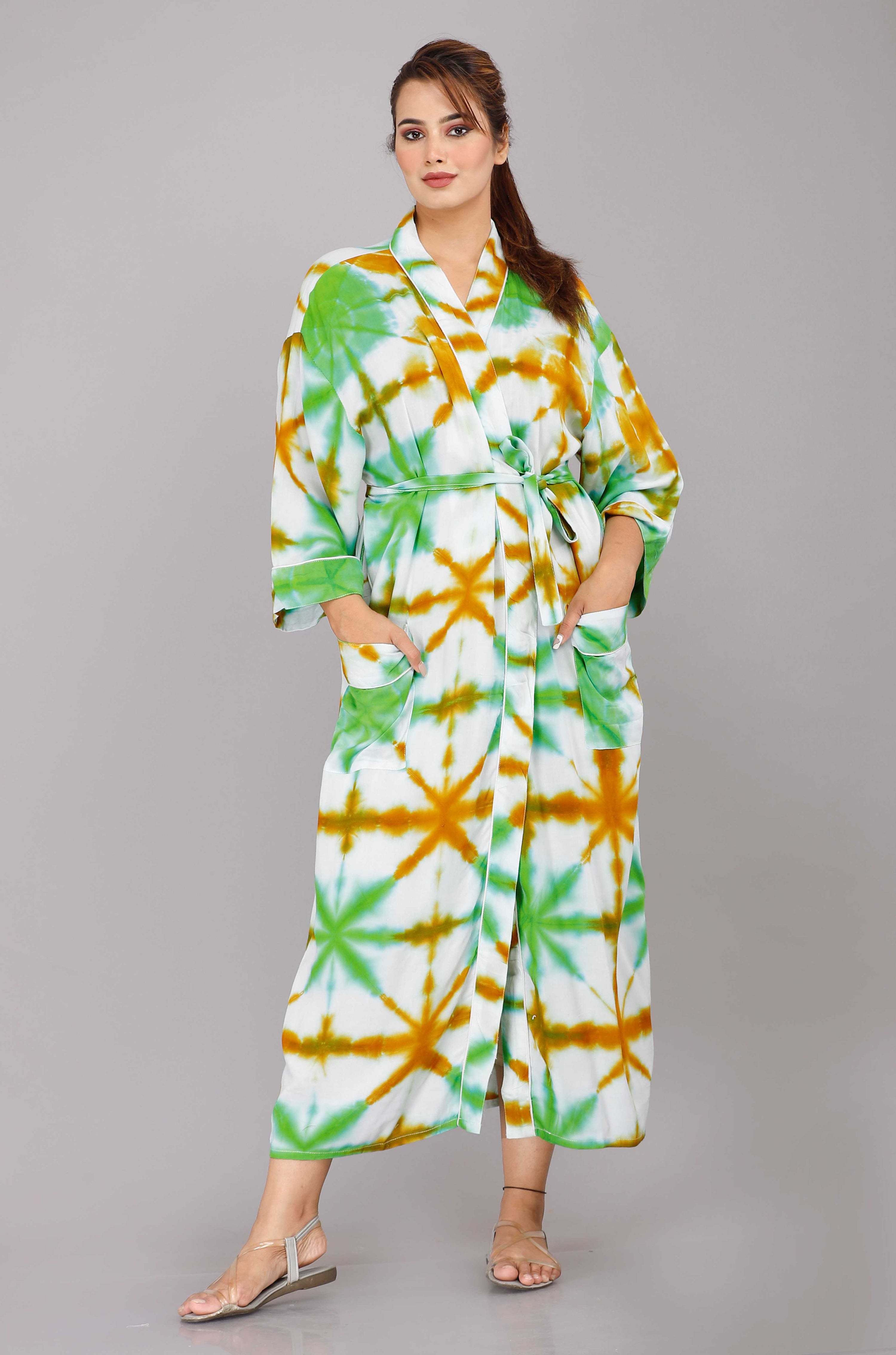 Tie Dye Pattern Kimono Robe Long Bathrobe For Women (Green)-KM-51