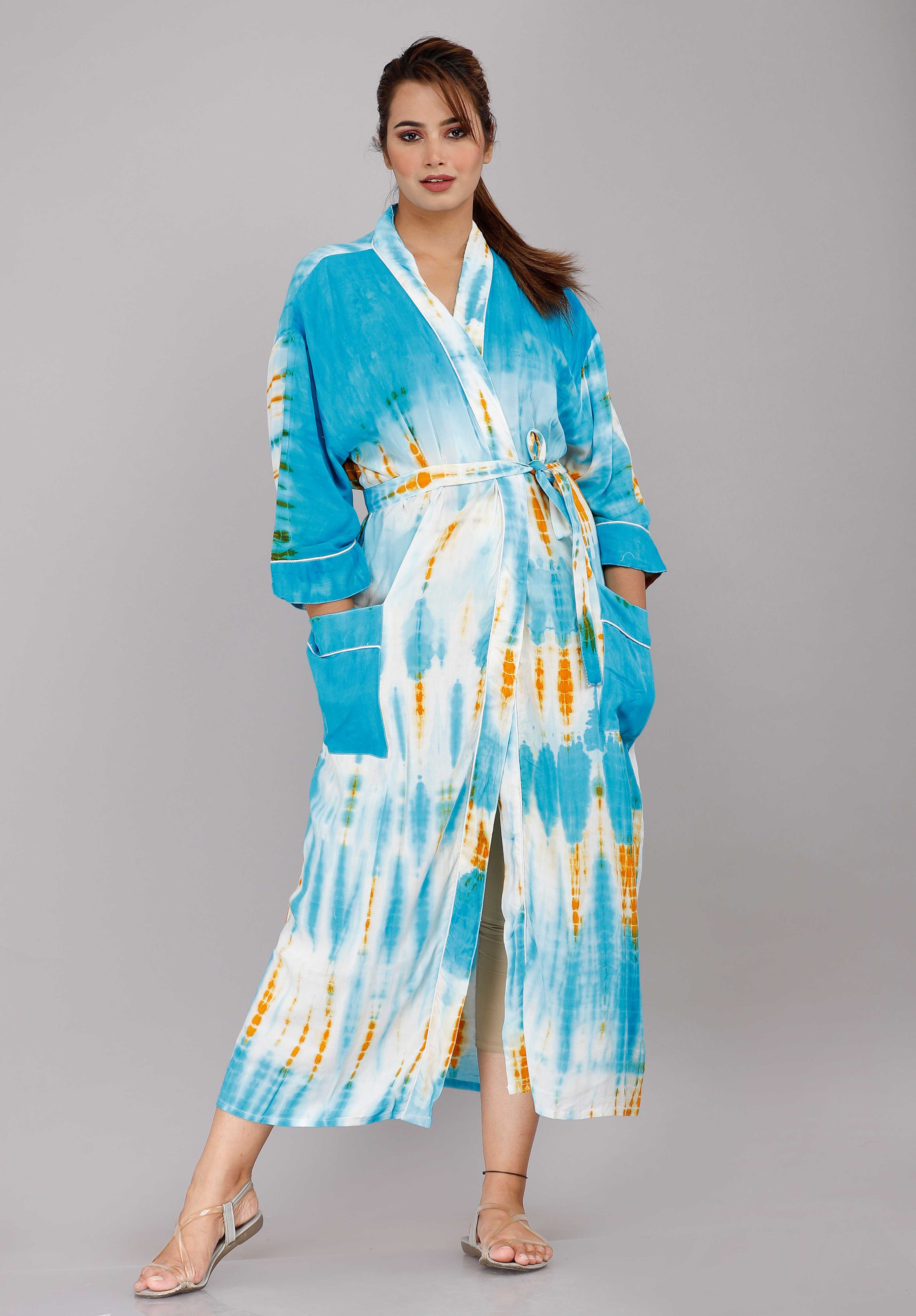 Tie Dye Pattern Kimono Robe Long Bathrobe For Women (Blue)-KM-49