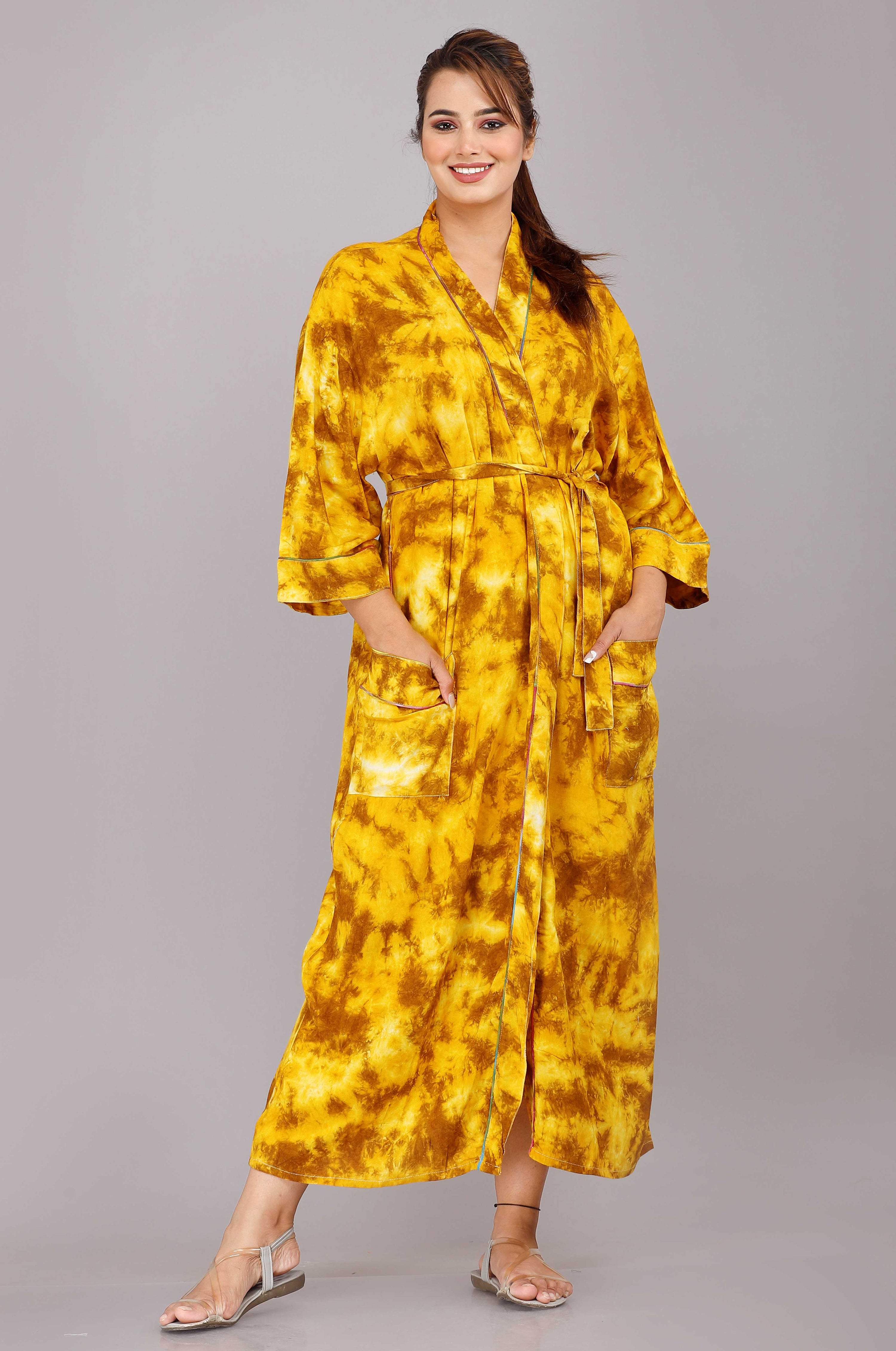 Jungle Pattern Kimono Robe Long Bathrobe For Women (Yellow)-KM-35