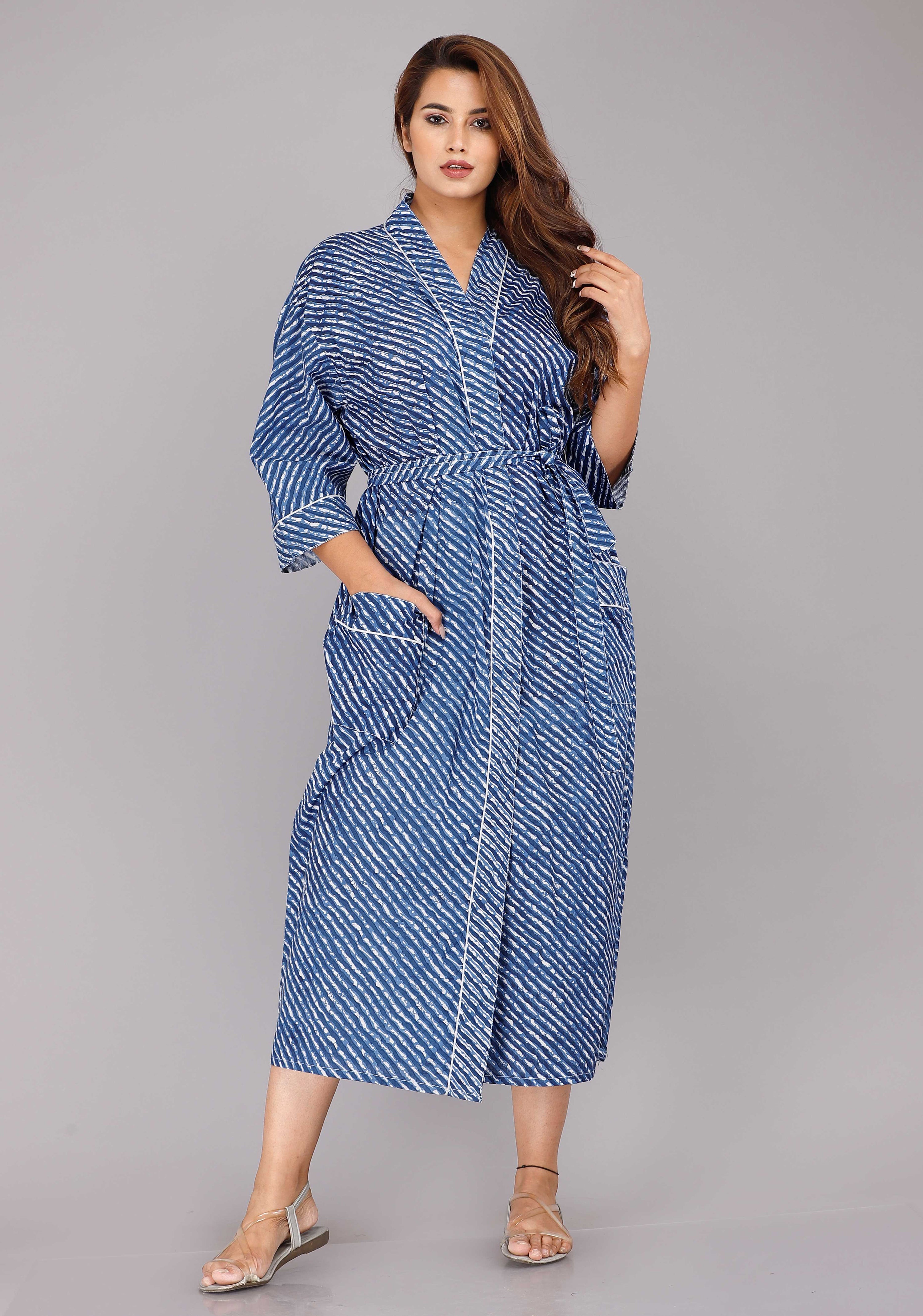 Lehariya Pattern Kimono Robe Long Bathrobe For Women ()-KM-56