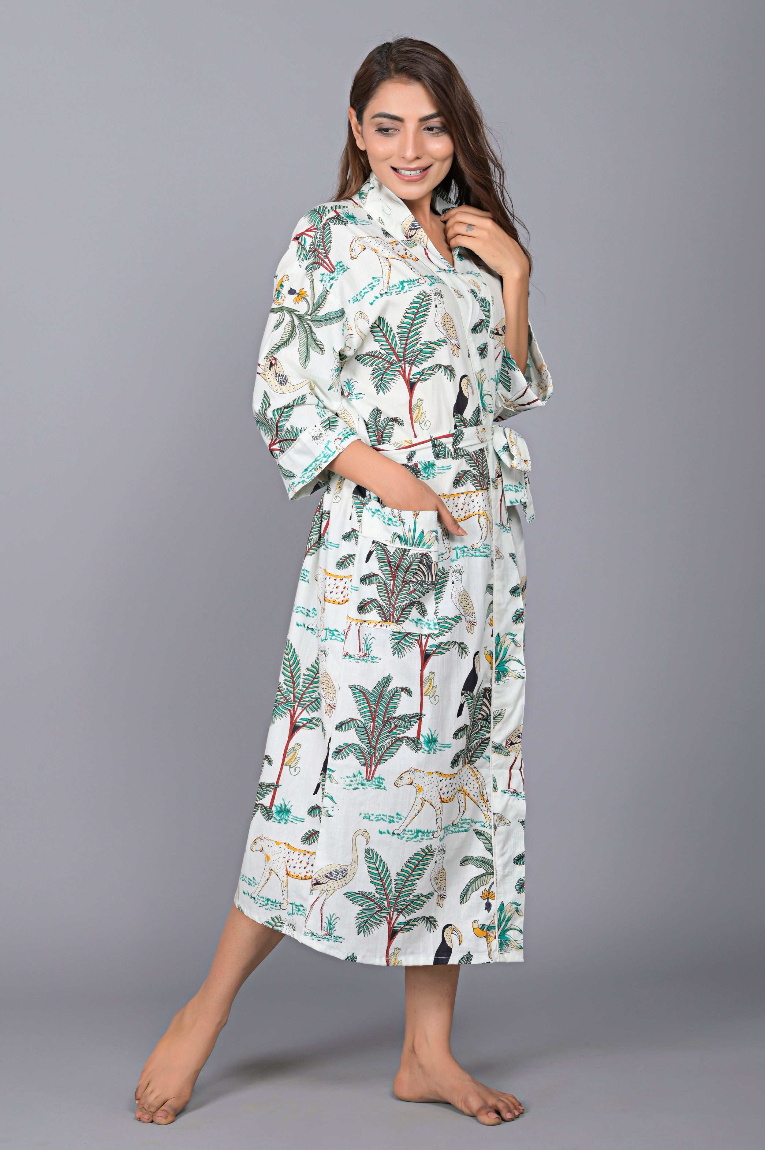 Jungle Pattern Kimono Robe Long Bathrobe For Women (White)-KM-142