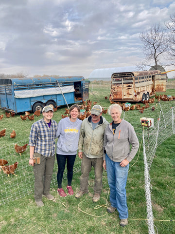 Claire, Natasha, Brian, and Nancy Wilson with their pastured laying hens