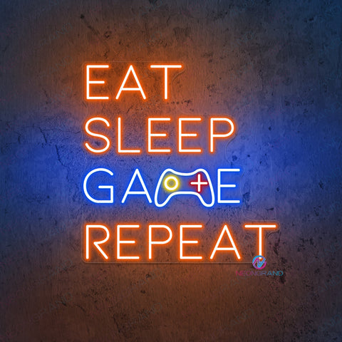 eat sleep game repeat neon sign orange