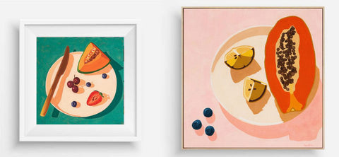 two images of colourful fruit fine art prints hanging together on a wall