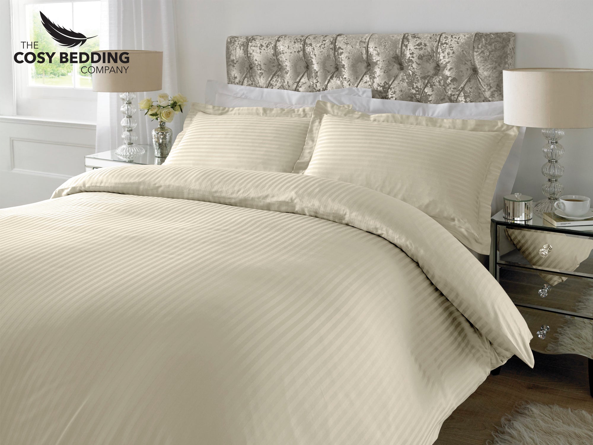 Sateen Stripe Luxury Bedding Set Ivory The Cosy Bedding Company